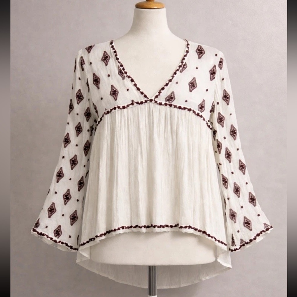 Free People Ivory W/Brown Embroidered Bell Sleeve Tunic Boho Shirt OB475341